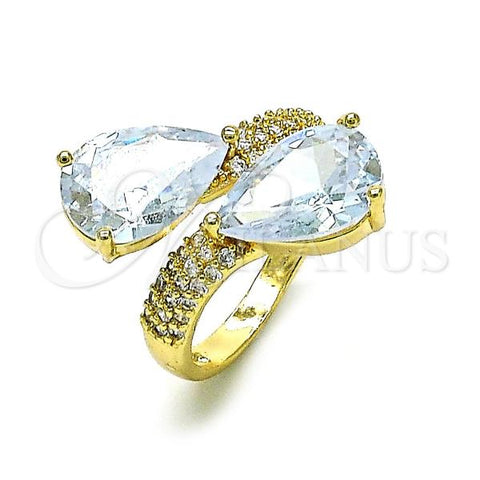 Oro Laminado Multi Stone Ring, Gold Filled Style Teardrop and Cluster Design, with White Cubic Zirconia and White Micro Pave, Polished, Golden Finish, 01.283.0037