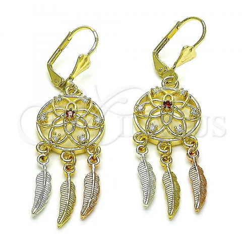 Oro Laminado Long Earring, Gold Filled Style Flower and Leaf Design, with Garnet and White Cubic Zirconia, Polished, Tricolor, 02.253.0041