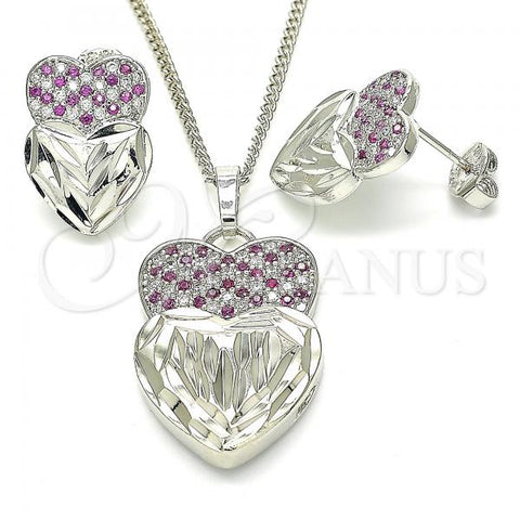 Rhodium Plated Earring and Pendant Adult Set, Heart Design, with Ruby and White Cubic Zirconia, Diamond Cutting Finish, Rhodium Finish, 10.233.0040.6