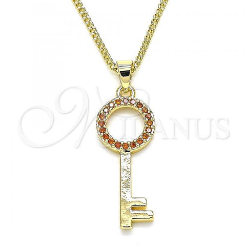 Oro Laminado Pendant Necklace, Gold Filled Style key Design, with Garnet Micro Pave, Polished, Golden Finish, 04.344.0010.1.20