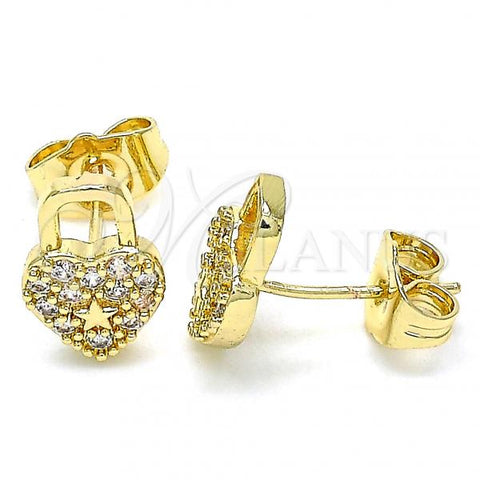 Oro Laminado Stud Earring, Gold Filled Style Lock and Heart Design, with White Micro Pave, Polished, Golden Finish, 02.210.0428