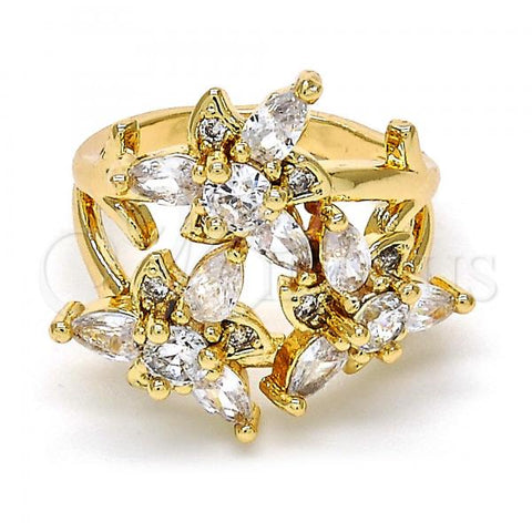 Oro Laminado Multi Stone Ring, Gold Filled Style Flower Design, with White Cubic Zirconia, Polished, Golden Finish, 01.210.0016.07 (Size 7)