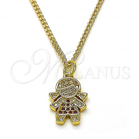 Oro Laminado Pendant Necklace, Gold Filled Style Little Girl Design, with Ruby and White Micro Pave, Polished, Golden Finish, 04.341.0022.20