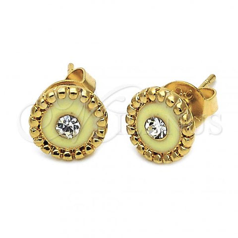 Oro Laminado Stud Earring, Gold Filled Style Flower Design, with White Crystal, Yellow Enamel Finish, Golden Finish, 02.64.0270 *PROMO*