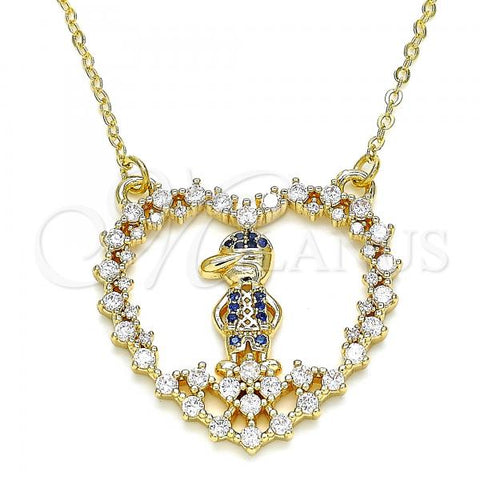 Oro Laminado Pendant Necklace, Gold Filled Style Heart and Little Boy Design, with Sapphire Blue and White Micro Pave, Polished, Golden Finish, 04.195.0058.18