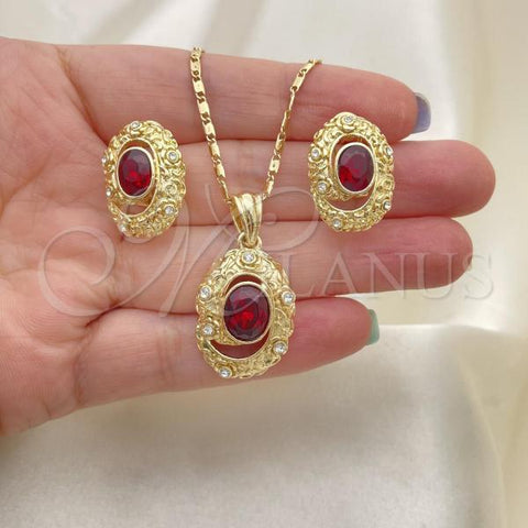 Oro Laminado Earring and Pendant Adult Set, Gold Filled Style with White and Garnet Crystal, Polished, Golden Finish, 10.160.0113