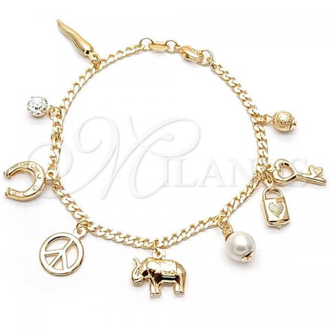 Oro Laminado Charm Bracelet, Gold Filled Style Elephant and key Design, with White Cubic Zirconia, Polished, Golden Finish, 03.32.0264.07