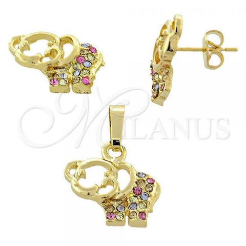 Oro Laminado Earring and Pendant Adult Set, Gold Filled Style Elephant Design, with Multicolor Crystal, Polished, Golden Finish, 10.164.0008.1