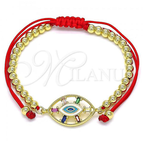 Oro Laminado Adjustable Bolo Bracelet, Gold Filled Style Ball and Evil Eye Design, with Multicolor Cubic Zirconia, Multicolor Enamel Finish, Golden Finish, 03.341.0091.11