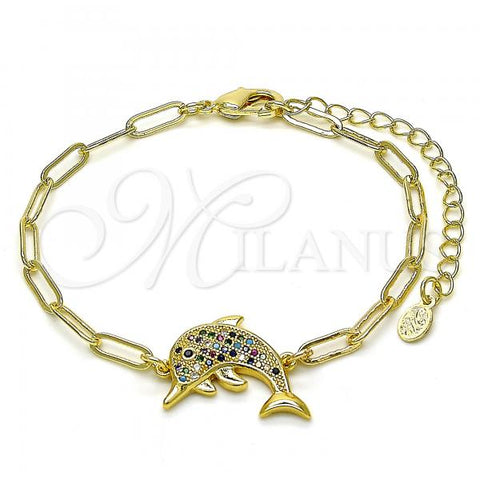 Oro Laminado Fancy Bracelet, Gold Filled Style Dolphin and Paperclip Design, with Multicolor Micro Pave, Polished, Golden Finish, 03.341.0022.07