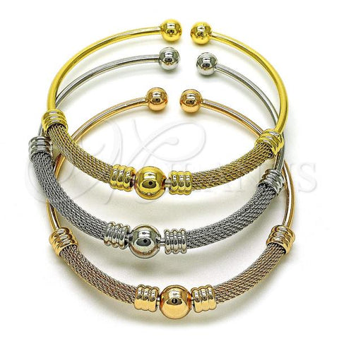 Oro Laminado Trio Bangle, Gold Filled Style Ball and Filigree Design, Polished, Tricolor, 07.170.0025