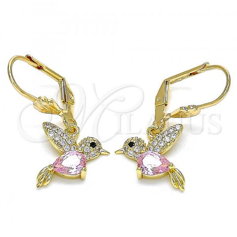 Oro Laminado Dangle Earring, Gold Filled Style Bird Design, with Pink and White Micro Pave, Polished, Golden Finish, 02.210.0386.1