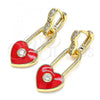 Oro Laminado Huggie Hoop, Gold Filled Style Lock and Heart Design, with White Cubic Zirconia, Red Enamel Finish, Golden Finish, 02.213.0184.12
