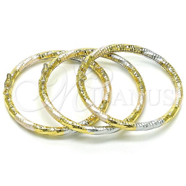 Oro Laminado Trio Bangle, Gold Filled Style Hollow Design, Diamond Cutting Finish, Golden Finish, 07.93.0018.02