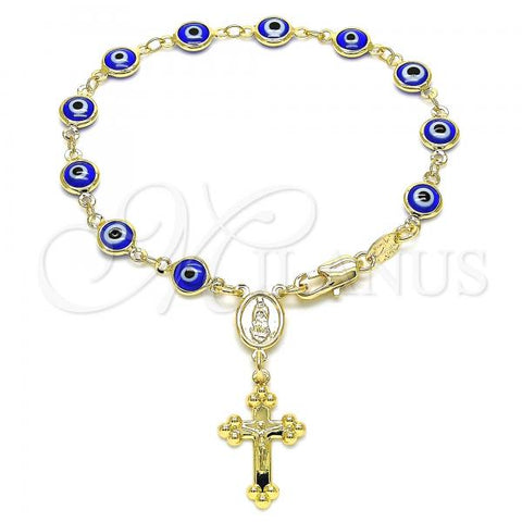 Oro Laminado Bracelet Rosary, Gold Filled Style Guadalupe and Evil Eye Design, Blue Resin Finish, Golden Finish, 09.63.0107.3.08