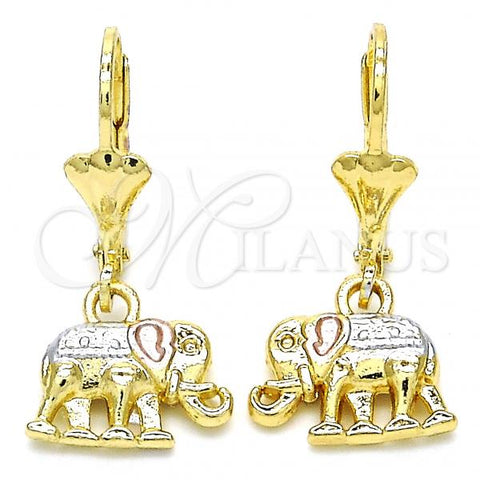 Oro Laminado Dangle Earring, Gold Filled Style Elephant Design, Polished, Tricolor, 02.351.0005