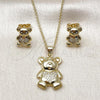 Oro Laminado Earring and Pendant Adult Set, Gold Filled Style Teddy Bear and Heart Design, with White Micro Pave, Polished, Golden Finish, 10.156.0541