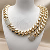 Oro Laminado Necklace and Bracelet, Gold Filled Style Miami Cuban Design, with White Cubic Zirconia, Polished, Golden Finish, 06.156.0006