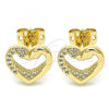 Oro Laminado Stud Earring, Gold Filled Style Heart and Swan Design, with White Micro Pave, Polished, Golden Finish, 02.342.0087