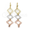 Oro Laminado Long Earring, Gold Filled Style with White Cubic Zirconia, Diamond Cutting Finish, Tricolor, 5.089.009