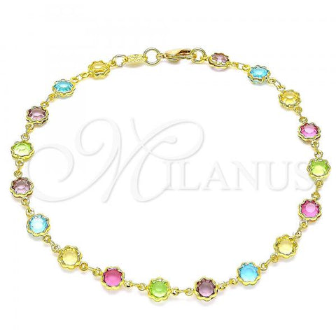 Oro Laminado Fancy Anklet, Gold Filled Style Flower Design, with Multicolor Cubic Zirconia, Polished, Golden Finish, 03.386.0003.10