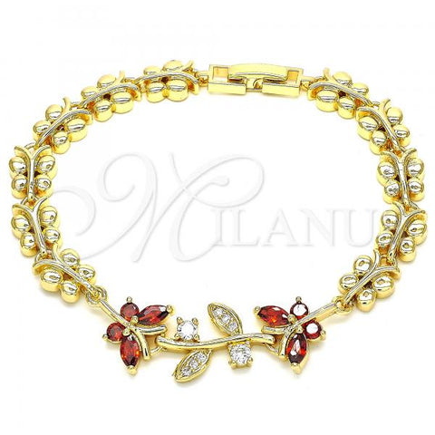 Oro Laminado Fancy Bracelet, Gold Filled Style Butterfly and Leaf Design, with Garnet and White Cubic Zirconia, Polished, Golden Finish, 03.210.0134.07