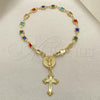 Oro Laminado Bracelet Rosary, Gold Filled Style Divino Niño and Crucifix Design, with Multicolor Cubic Zirconia, Polished, Golden Finish, 09.326.0005.08