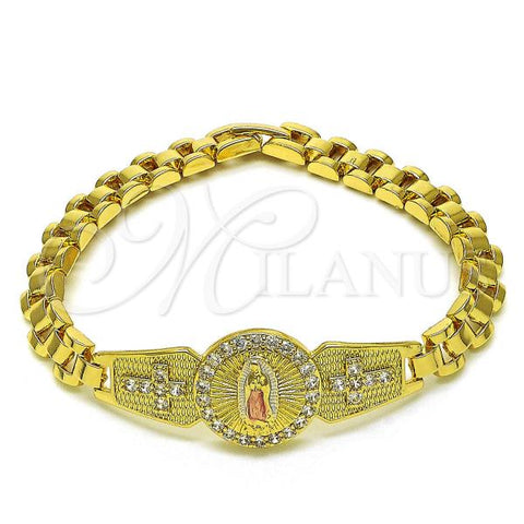 Oro Laminado Solid Bracelet, Gold Filled Style Guadalupe and Cross Design, with White Cubic Zirconia, Polished, Tricolor, 03.411.0008.1.08