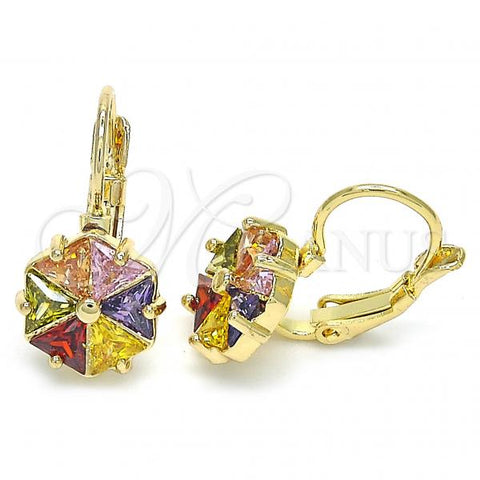Oro Laminado Leverback Earring, Gold Filled Style with Multicolor Cubic Zirconia, Polished, Golden Finish, 02.210.0225.1