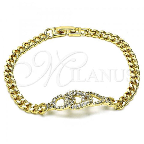 Oro Laminado Fancy Bracelet, Gold Filled Style Miami Cuban Design, with White Micro Pave, Polished, Golden Finish, 03.283.0275.07