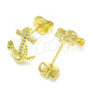 Oro Laminado Stud Earring, Gold Filled Style Anchor Design, with White Micro Pave, Polished, Golden Finish, 02.156.0467