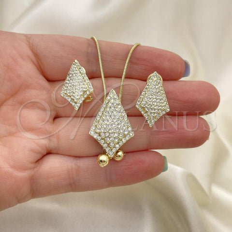 Oro Laminado Earring and Pendant Adult Set, Gold Filled Style with White Crystal, Polished, Golden Finish, 10.160.0161