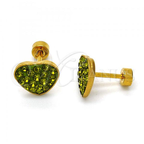 Stainless Steel Stud Earring, Heart Design, with Dark Peridot Crystal, Polished, Golden Finish, 02.271.0022.11