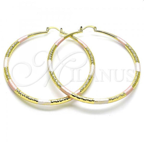 Oro Laminado Extra Large Hoop, Gold Filled Style Hollow Design, Diamond Cutting Finish, Tricolor, 02.213.0439.1.70