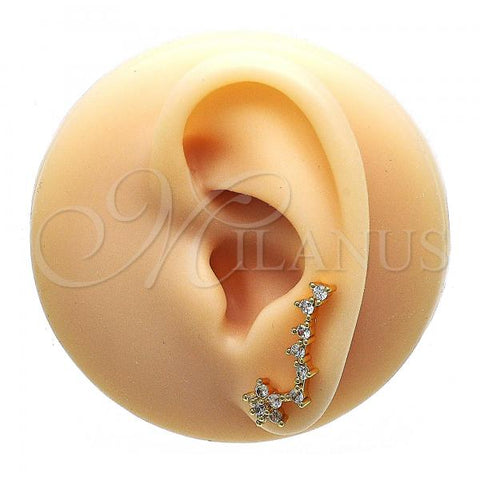 Oro Laminado Earcuff Earring, Gold Filled Style Flower Design, with White Micro Pave, Polished, Golden Finish, 02.210.0702