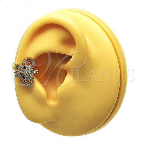 Oro Laminado Earcuff Earring, Gold Filled Style Elephant Design, with White and Black Micro Pave, Polished, Golden Finish, 02.210.0685