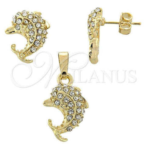 Oro Laminado Earring and Pendant Adult Set, Gold Filled Style Dolphin Design, with White Crystal, Polished, Golden Finish, 10.164.0005