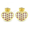 Oro Laminado Stud Earring, Gold Filled Style Heart Design, with Ruby Micro Pave, Polished, Golden Finish, 02.156.0476.1