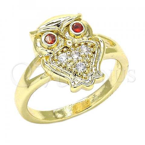 Oro Laminado Multi Stone Ring, Gold Filled Style Owl Design, with Garnet and White Cubic Zirconia, Polished, Golden Finish, 01.210.0078.07 (Size 7)