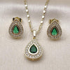 Oro Laminado Earring and Pendant Adult Set, Gold Filled Style Teardrop and Cluster Design, with Green and White Cubic Zirconia, Polished, Golden Finish, 10.196.0197
