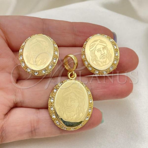 Oro Laminado Earring and Pendant Adult Set, Gold Filled Style Jesus Design, with White Cubic Zirconia, Golden Finish, 10.59.0162