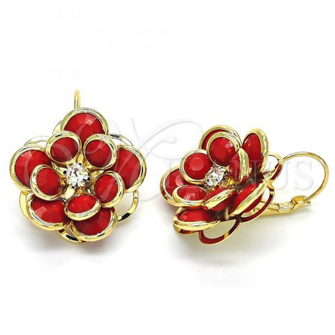 Oro Laminado Leverback Earring, Gold Filled Style Flower Design, with Garnet and White Crystal, Polished, Golden Finish, 02.64.0640.2