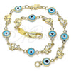 Oro Laminado Fancy Anklet, Gold Filled Style Evil Eye and Elephant Design, Turquoise Resin Finish, Golden Finish, 03.326.0010.3.10