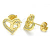 Oro Laminado Stud Earring, Gold Filled Style Heart and Dolphin Design, with White Micro Pave, Polished, Golden Finish, 02.156.0324