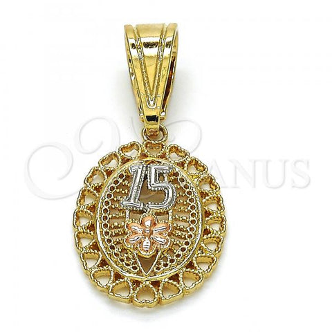 Oro Laminado Fancy Pendant, Gold Filled Style Flower and Heart Design, Polished, Tricolor, 05.120.0085.1