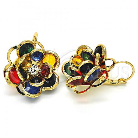 Oro Laminado Leverback Earring, Gold Filled Style Flower Design, with Multicolor Crystal, Polished, Golden Finish, 02.64.0640.5