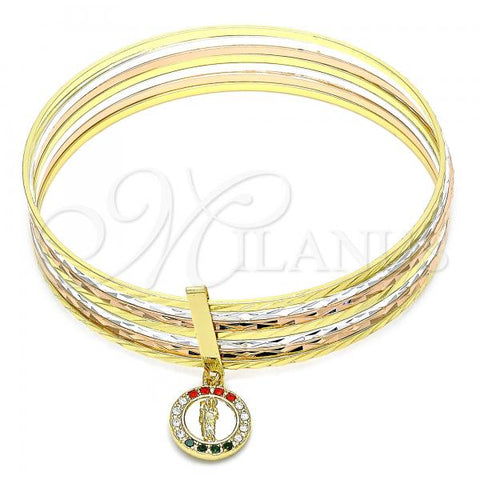 Oro Laminado Semanario Bangle, Gold Filled Style San Judas Design, with Multicolor Crystal, Diamond Cutting Finish, Tricolor, 07.253.0006.1.06 (02 MM Thickness, Size 6 - 2.75 Diameter)