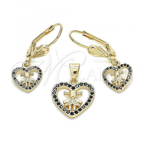 Oro Laminado Earring and Pendant Adult Set, Gold Filled Style Heart and Little Girl Design, with Black Cubic Zirconia, Polished, Golden Finish, 10.156.0221