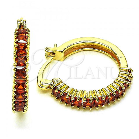 Oro Laminado Small Hoop, Gold Filled Style with Garnet Cubic Zirconia, Polished, Golden Finish, 02.210.0281.10.20