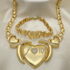 Oro Laminado Necklace and Bracelet, Gold Filled Style Heart and Hugs and Kisses Design, with White Cubic Zirconia, Diamond Cutting Finish, Golden Finish, 06.185.0014